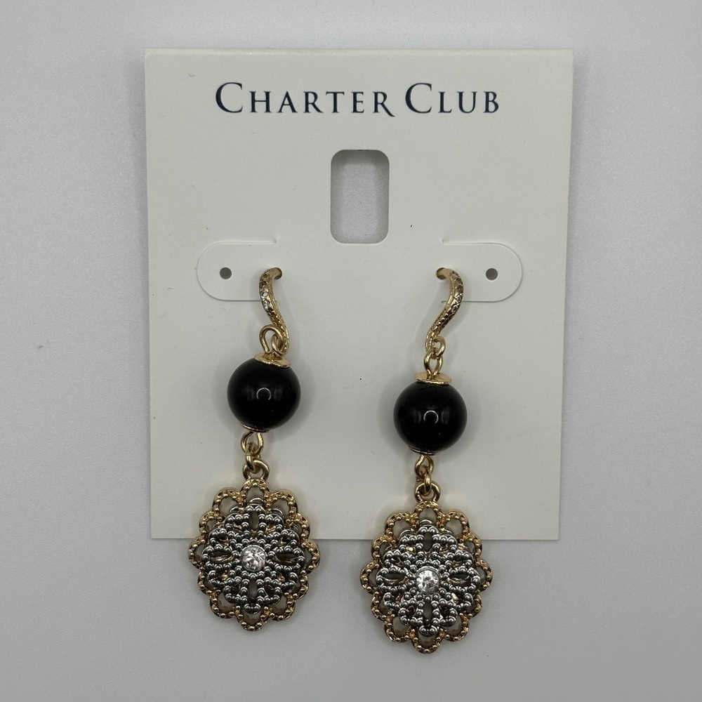 Charter Club Women's Gold Black Beaded Flower Earrings